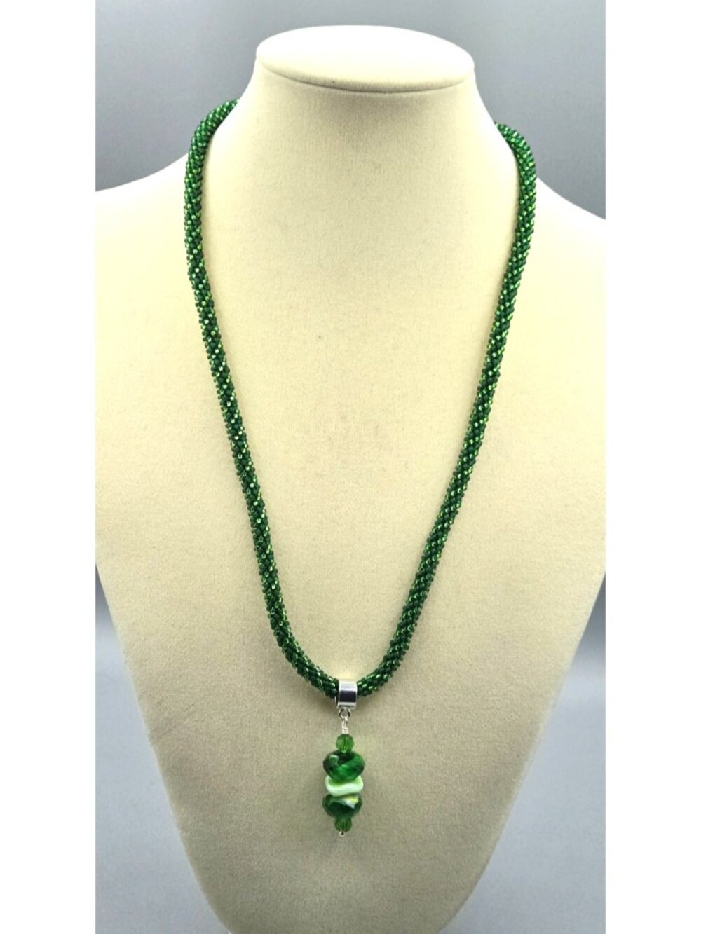 Handmade Two-tone Green Small Seed Bead Kumihimo Necklace with Pendant